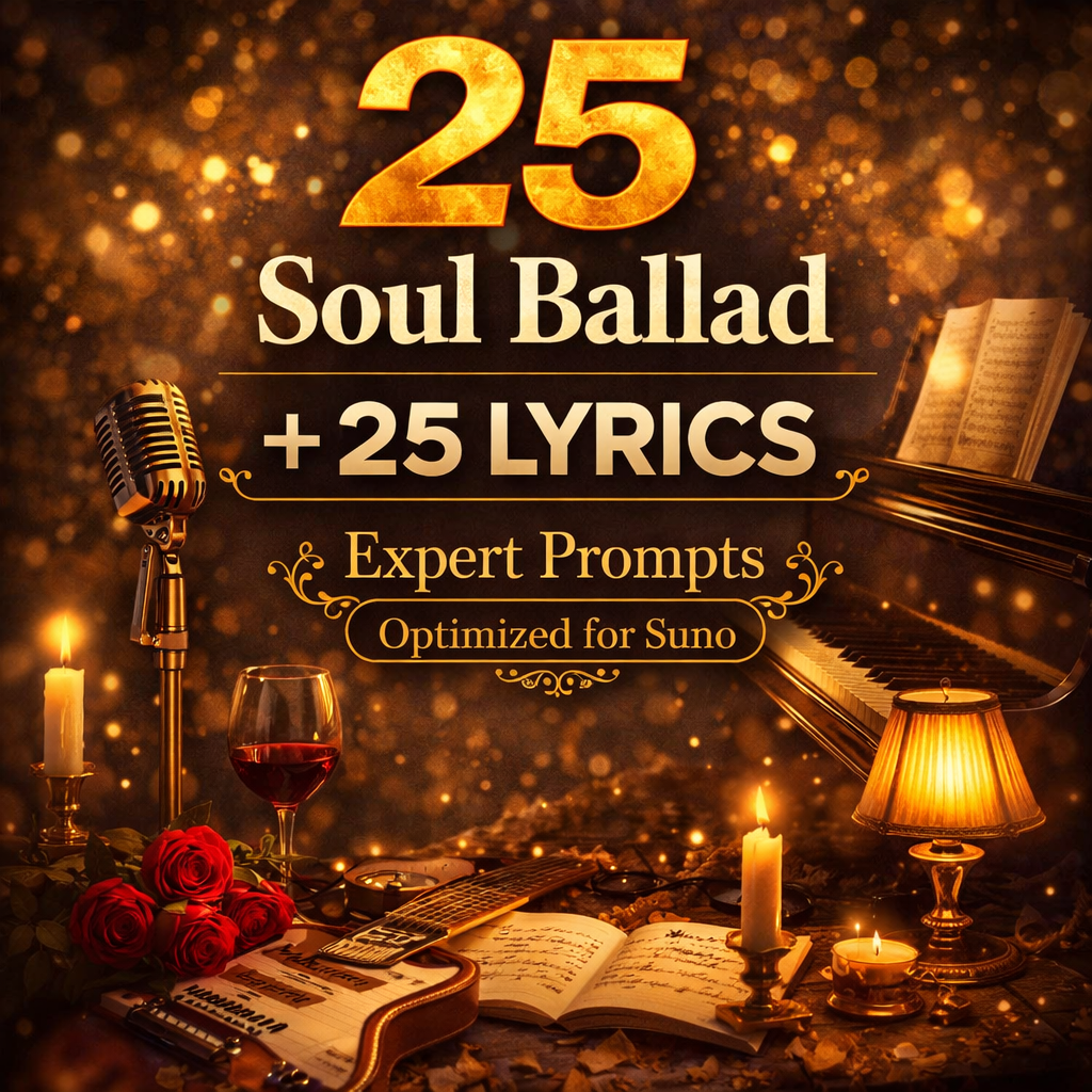 Soul ballad prompt pack cover with vintage microphone, piano, roses, candles, wine glass, guitar, and warm romantic golden atmosphere