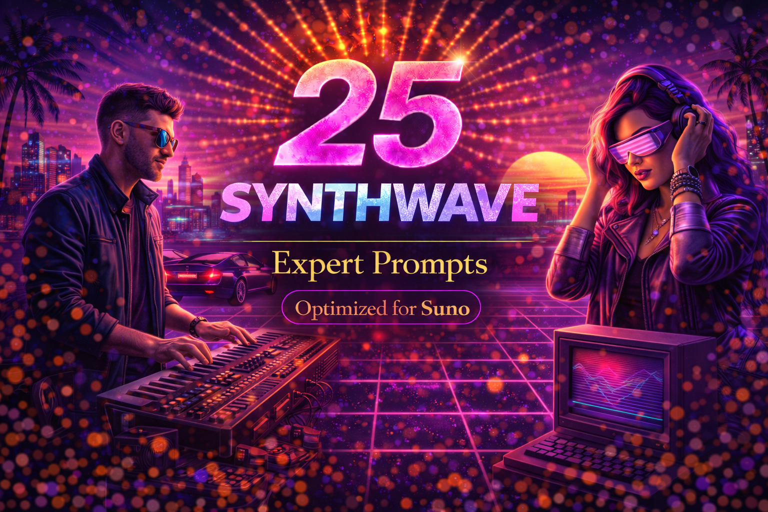 Cover image for 25 Synthwave Expert Prompts for Suno, showing a keyboard player, neon visor woman, sunset skyline, sports car, retro grid floor, and a glowing synthwave atmosphere.