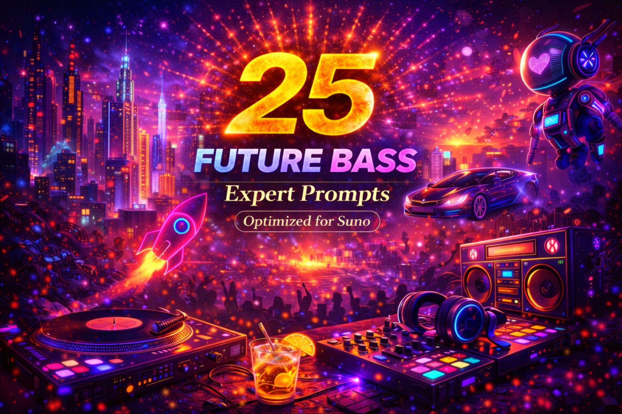 Cover image for 25 Future Bass Expert Prompts for Suno, showing DJ gear, neon city skyline, sports car, rocket, robot character, and a colorful futuristic future bass atmosphere.