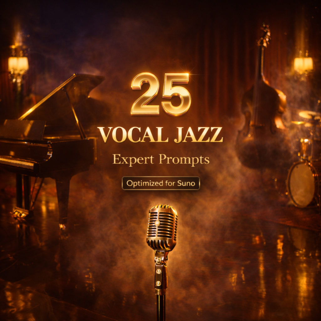 Cover image for 25 Vocal Jazz Expert Prompts for Suno, showing a vintage microphone, grand piano, upright bass, drums, and a smoky late-night jazz lounge atmosphere.