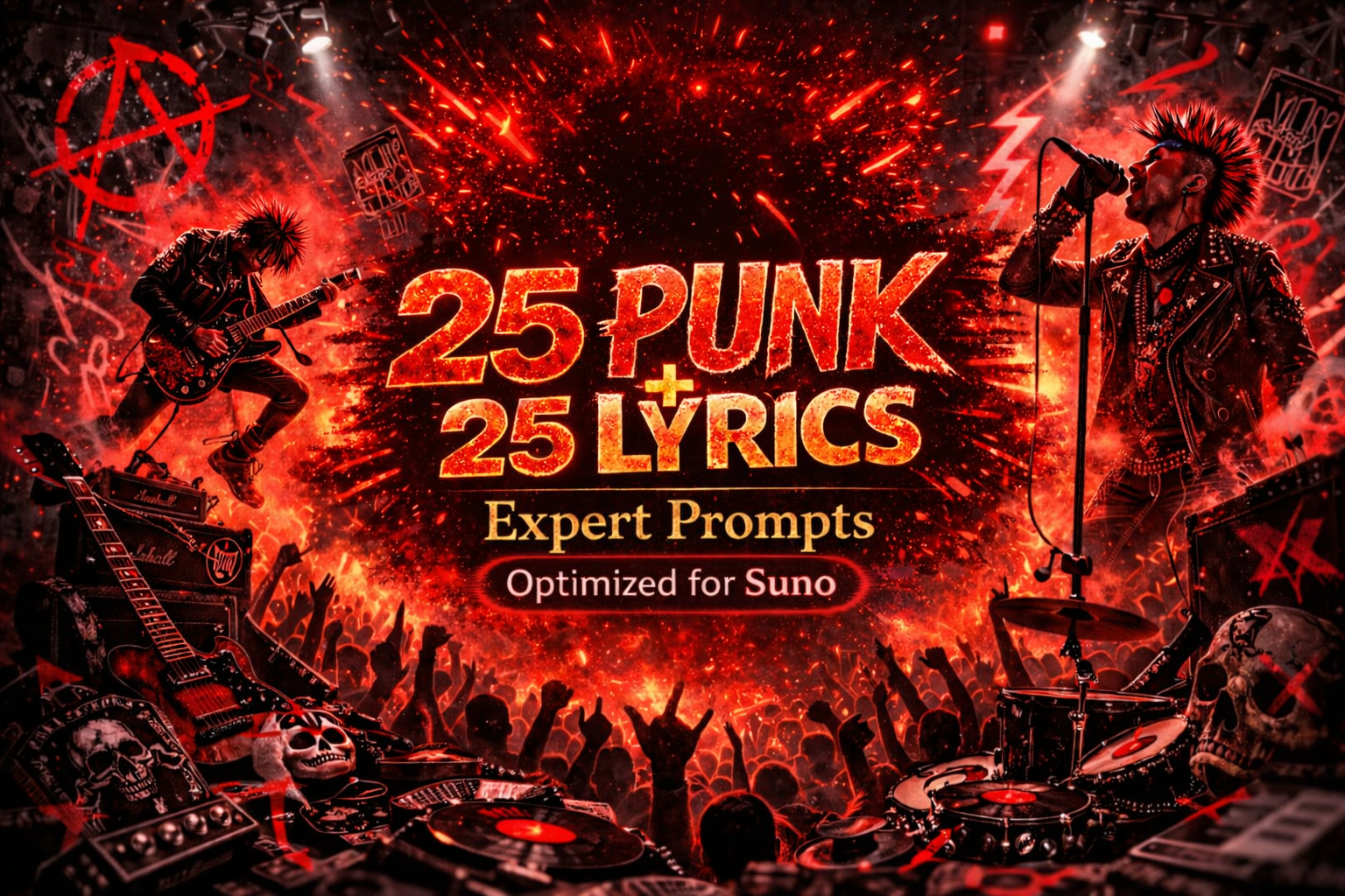 Cover image for 25 Punk Expert Prompts plus 25 Lyrics for Suno, showing a mohawk punk singer, jumping guitarist, red concert chaos, crowd silhouettes, anarchist symbols, skulls, and raw live punk energy.