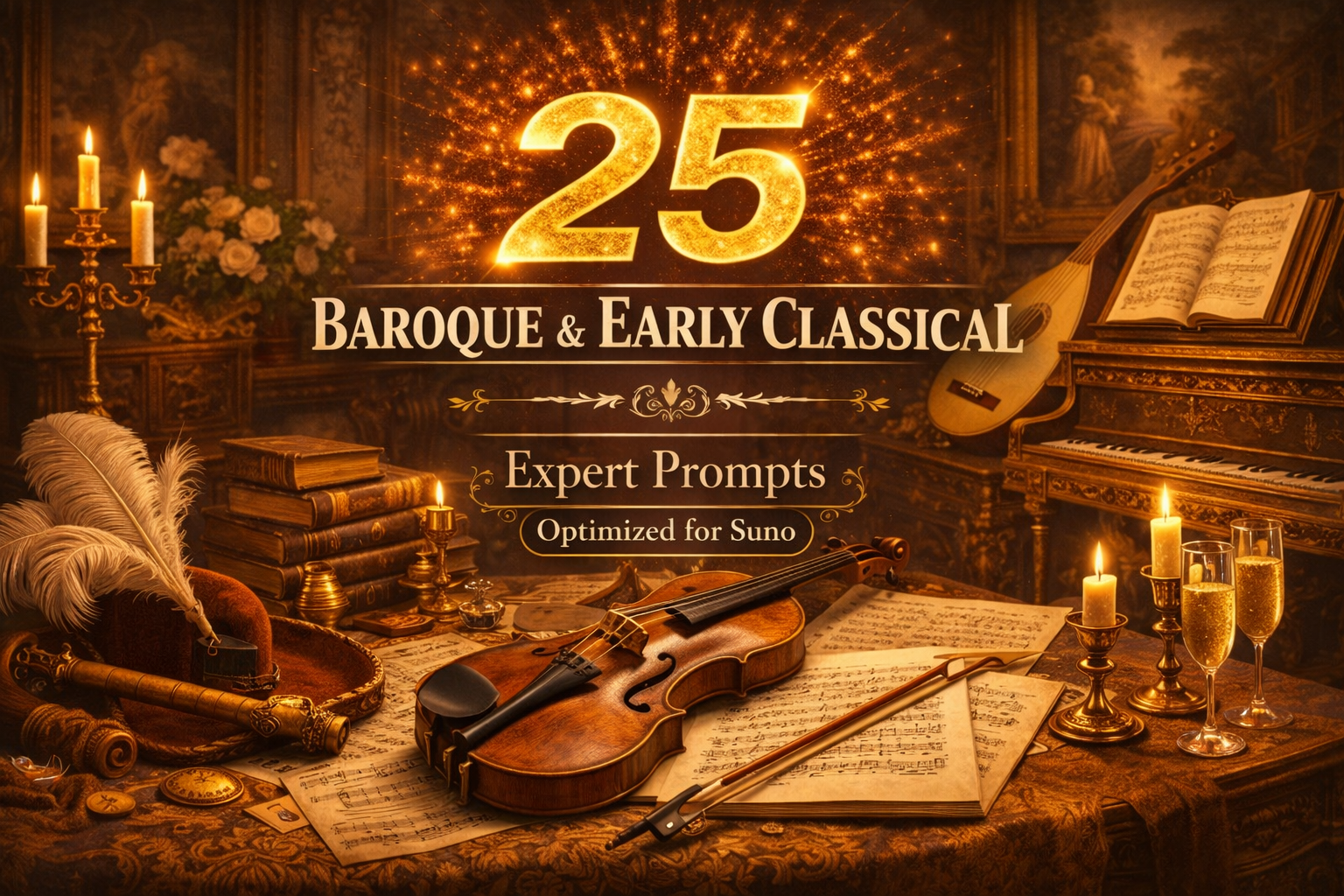 Baroque and early classical cover with violin, lute, harpsichord, feather quill, books, candles, and ornate historical room