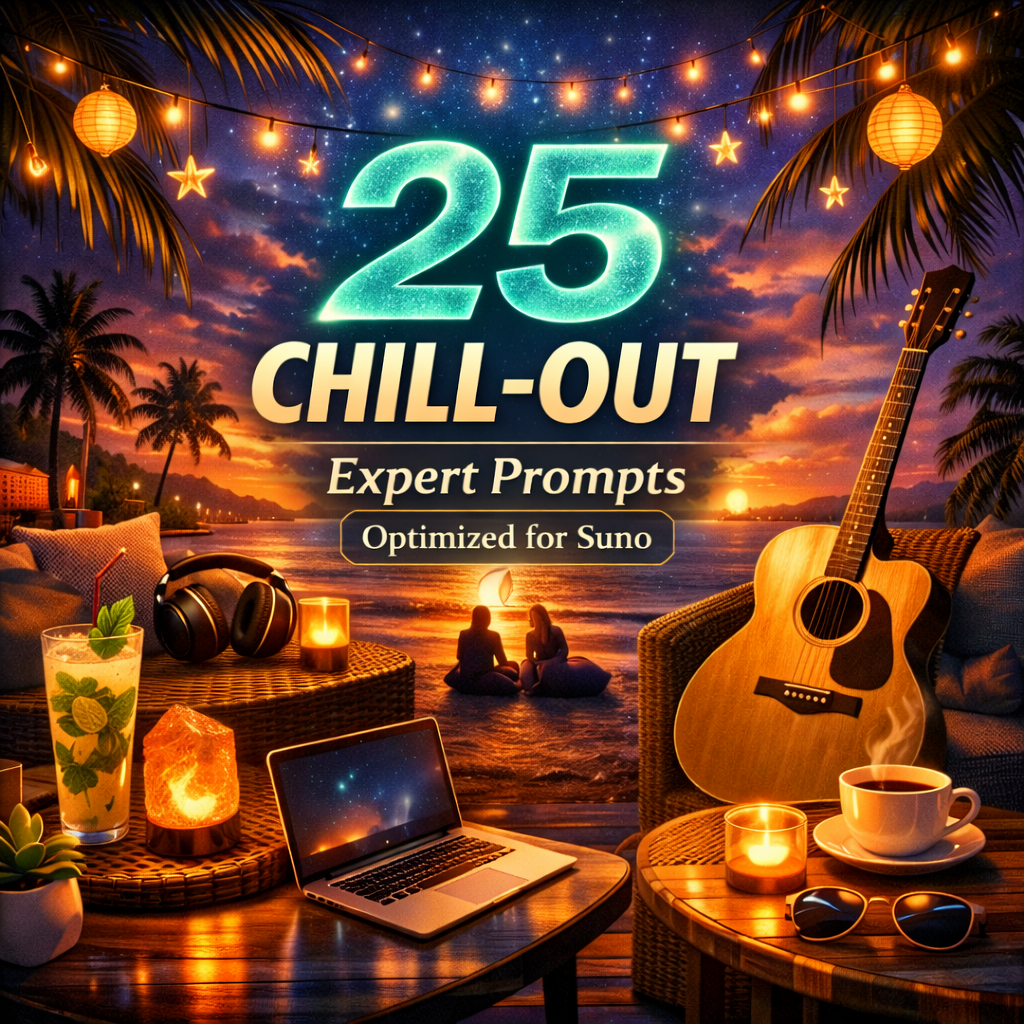 Chill-out prompt pack cover with sunset beach lounge, acoustic guitar, laptop, coffee, headphones, and glowing 25 title