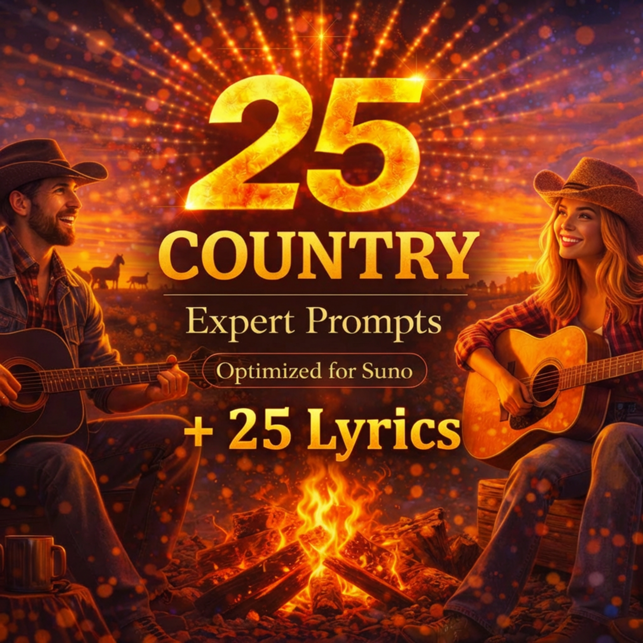 Cover image for 25 Country Expert Prompts plus 25 Lyrics for Suno, showing two country musicians with acoustic guitars, cowboy hats, campfire glow, and a warm sunset country atmosphere.
