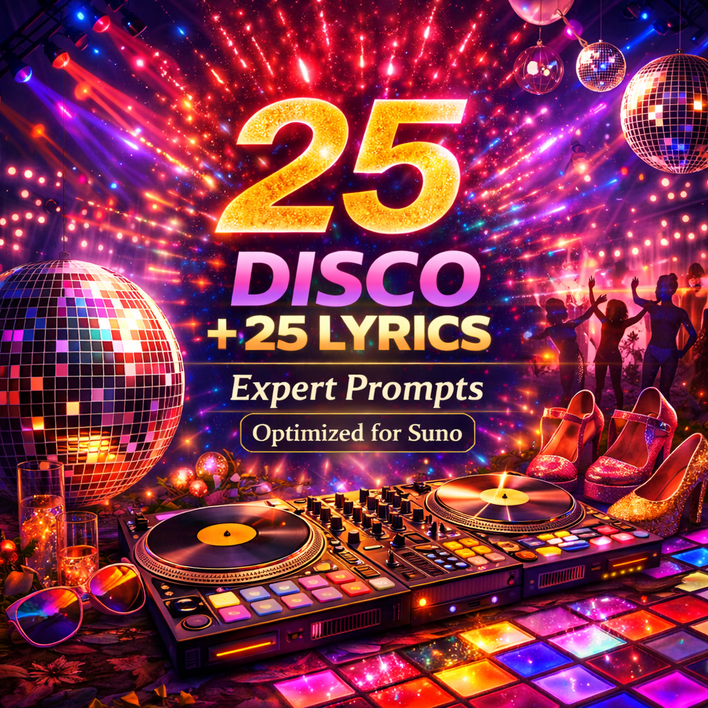 Disco prompt pack cover with disco balls, dancefloor lights, DJ controller, glitter heels, and glowing 25 title