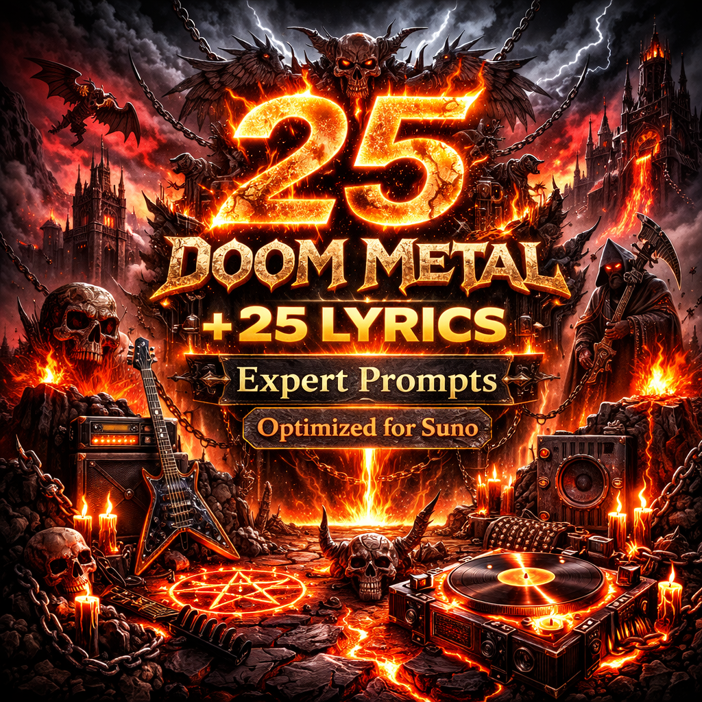 Doom metal prompt pack cover with fiery hellscape, skulls, electric guitar, turntable, hooded figure, and glowing 25 title