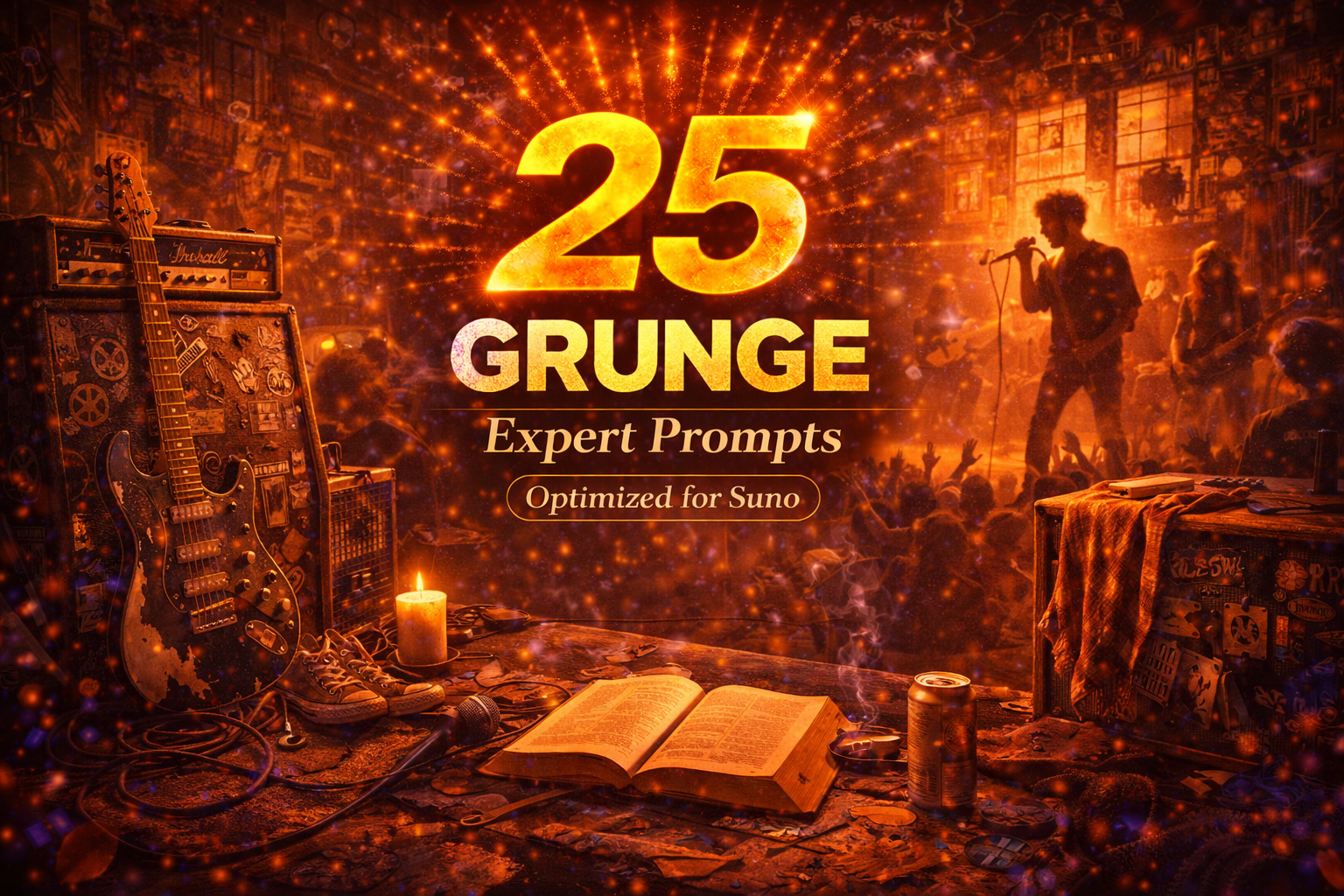 Cover image for 25 Grunge Expert Prompts for Suno, showing a worn electric guitar, messy rehearsal gear, candlelight, underground crowd, and a raw grunge concert atmosphere.