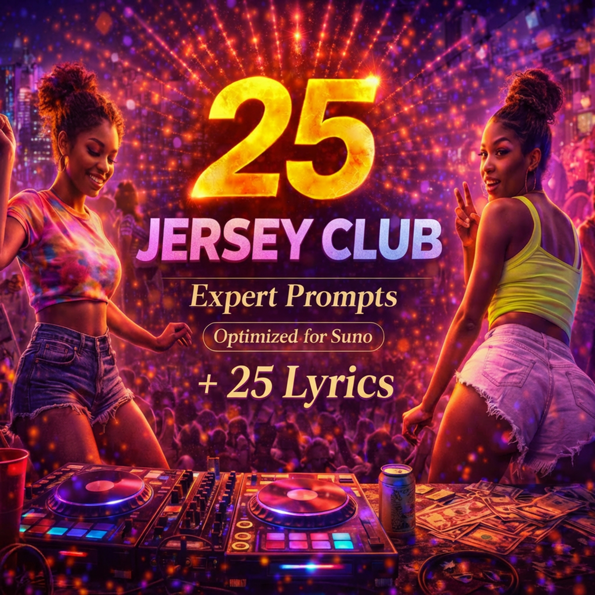 Cover image for 25 Jersey Club Expert Prompts plus 25 Lyrics for Suno, showing dancers, DJ decks, nightlife crowd, colorful lights, cash, and an energetic club atmosphere.