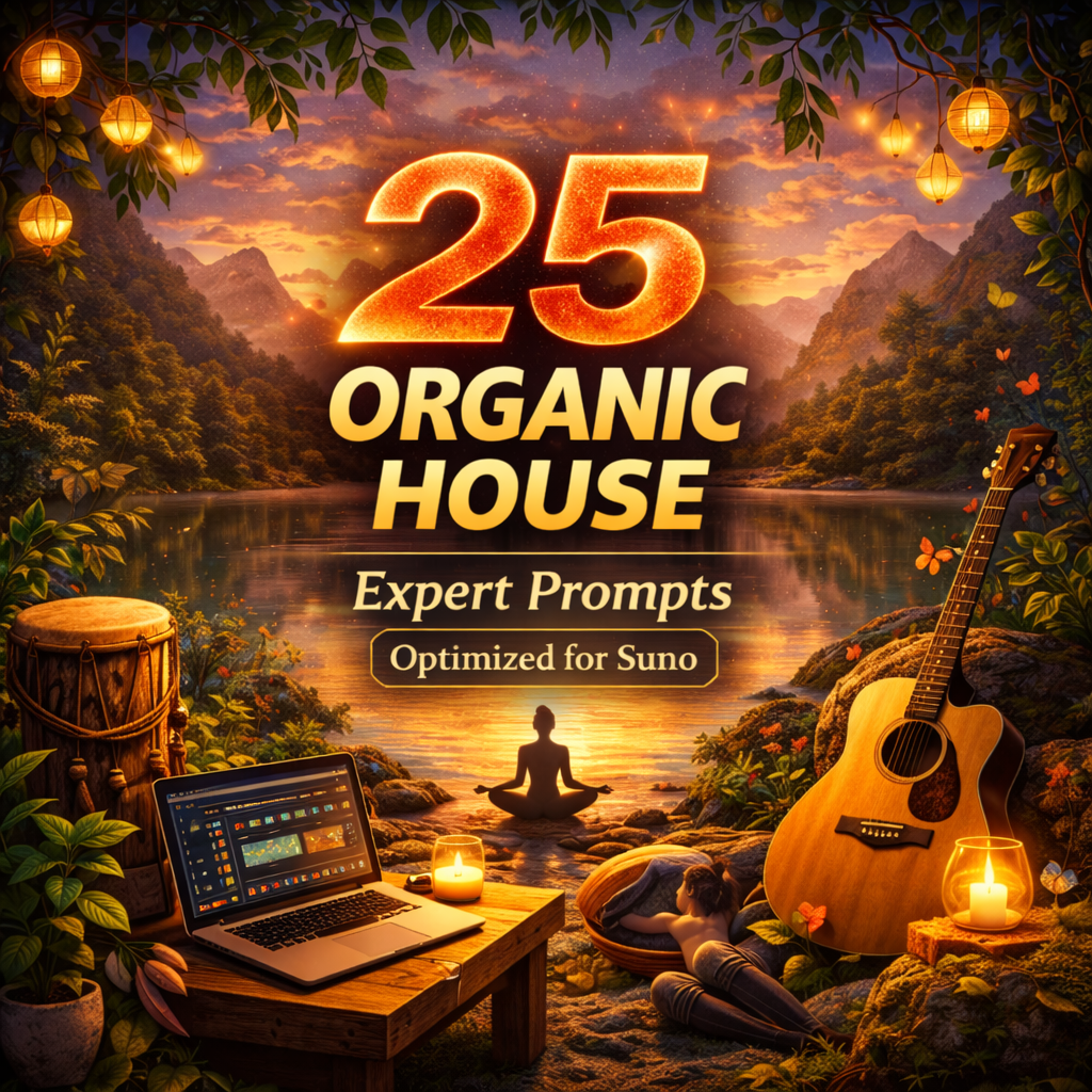 Organic house prompt pack cover with mountain lake, acoustic guitar, drum, meditation figure, laptop, and glowing 25 title