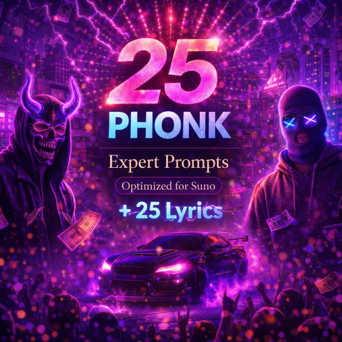 Cover image for 25 Phonk Expert Prompts plus 25 Lyrics for Suno, showing a drift car, masked figures, purple lightning, floating cash, neon city lights, and a dark underground phonk atmosphere.
