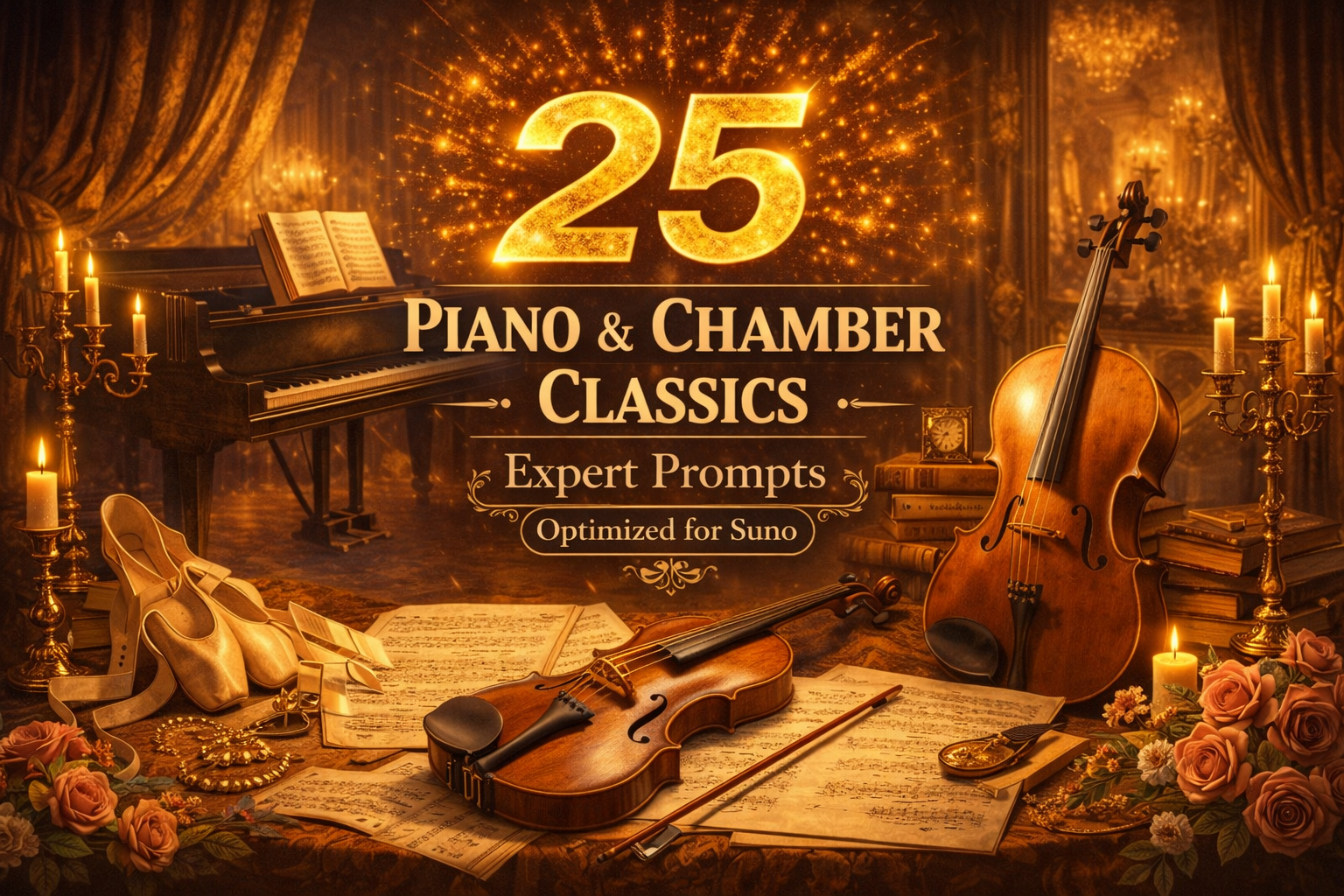 Piano and chamber classics cover with grand piano, violin, cello, ballet shoes, sheet music, and candlelit classical room