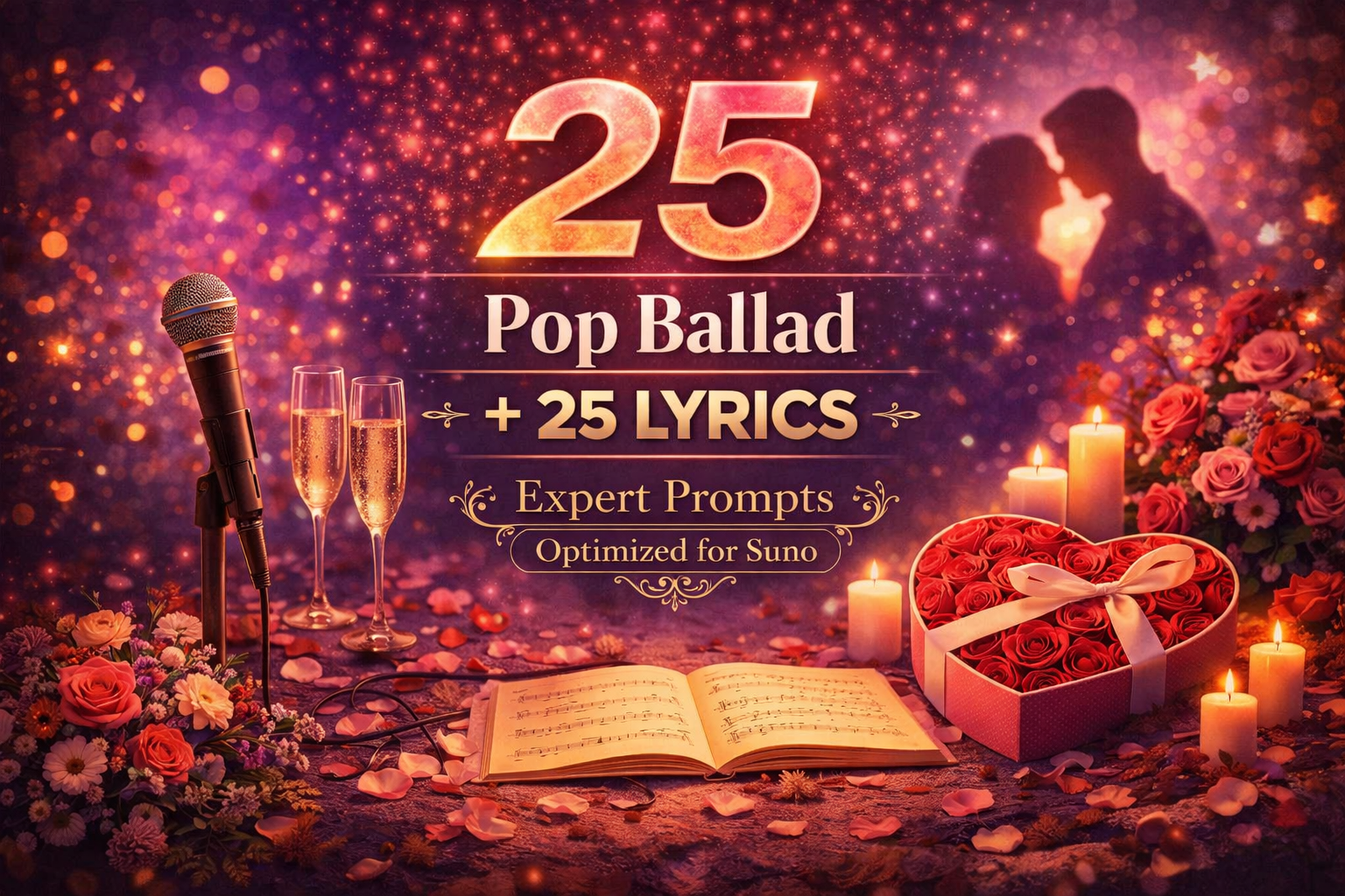 Pop ballad prompt pack cover with microphone, roses, candles, champagne glasses, heart-shaped rose box, and romantic glowing atmosphere