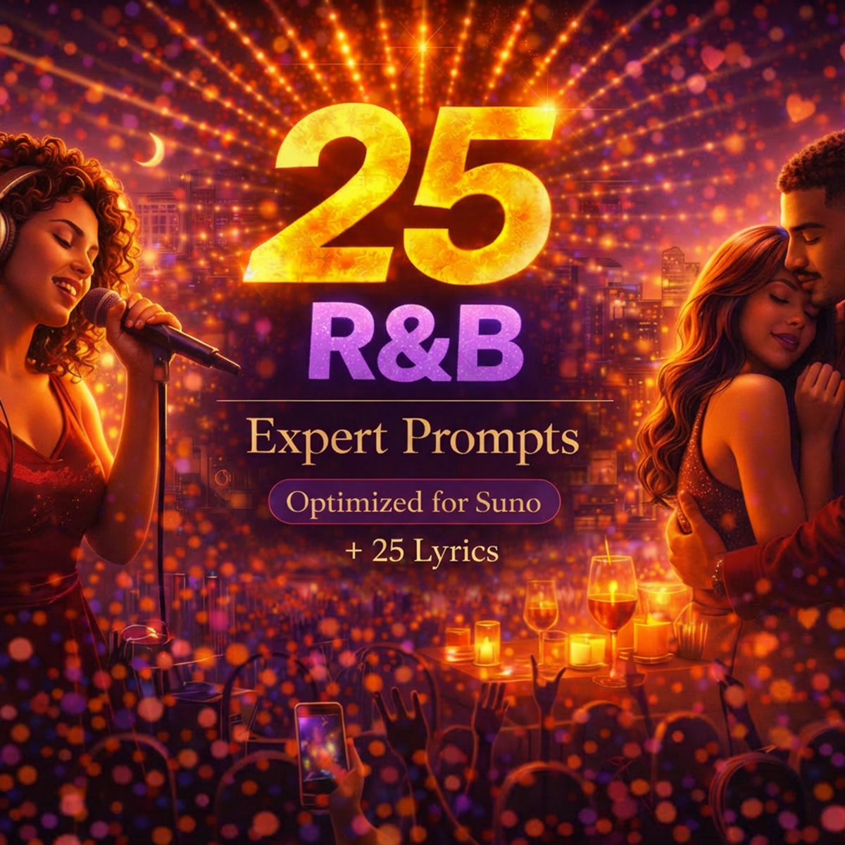 Cover image for 25 R&B Expert Prompts plus 25 Lyrics for Suno, showing a soulful singer, romantic couple, candlelit tables, city lights, and a warm intimate R&B atmosphere.