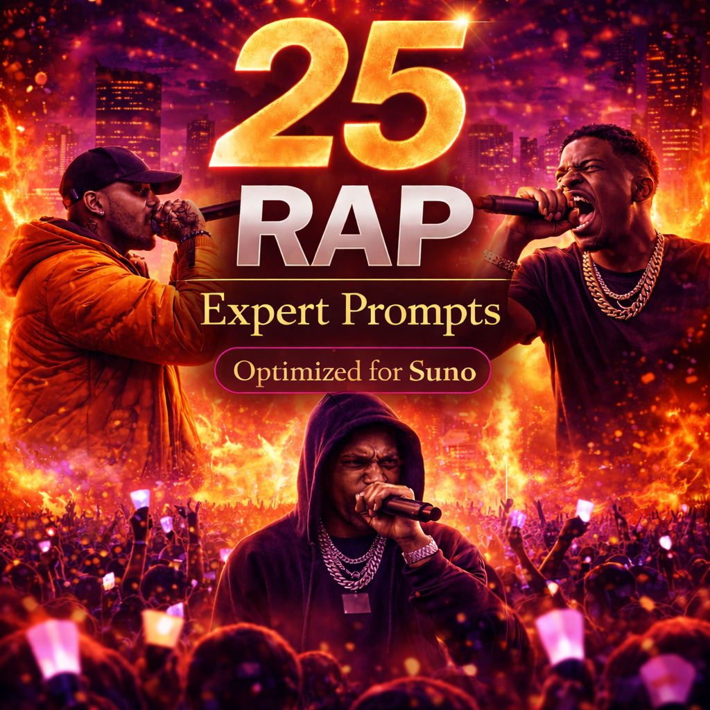 Cover image for 25 Rap Expert Prompts for Suno, showing three rappers with microphones, fiery concert visuals, crowd silhouettes, city lights, and an intense urban rap atmosphere.