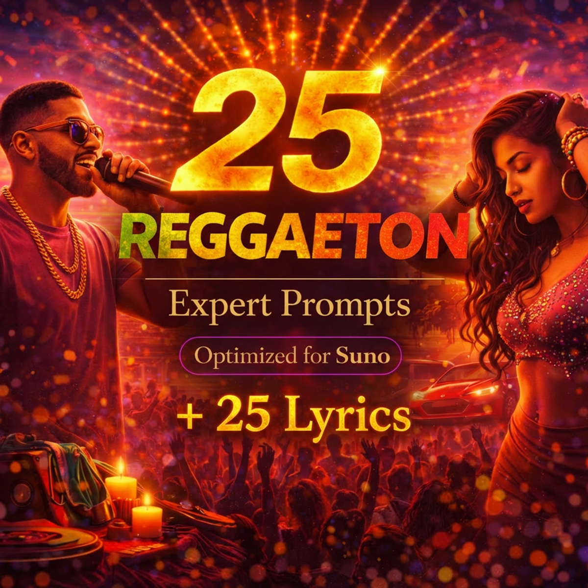 Cover image for 25 Reggaeton Expert Prompts plus 25 Lyrics for Suno, showing a reggaeton singer, glamorous dancer, nightlife crowd, candles, DJ gear, sports car, and a warm latin party atmosphere.