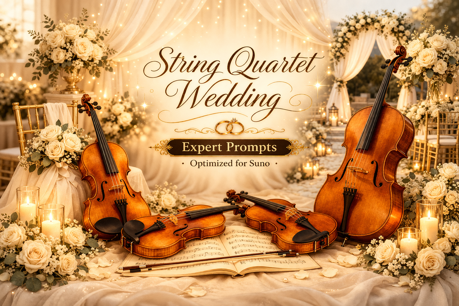 String quartet wedding cover with violins, cello, sheet music, candles, roses, wedding arch, and elegant ceremony setting