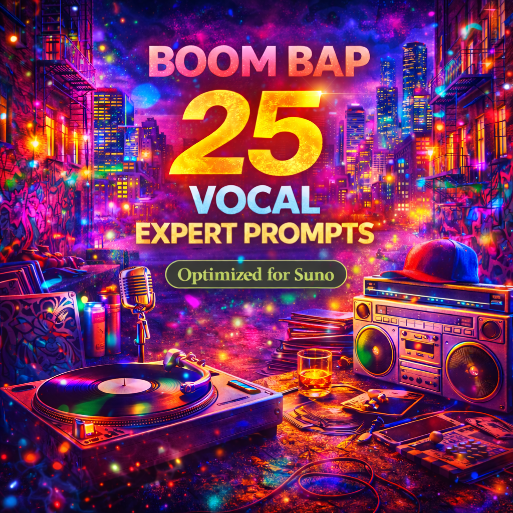 Boom Bap vocal prompt cover with urban night street, turntable, boombox, graffiti walls, microphone, and city skyline.