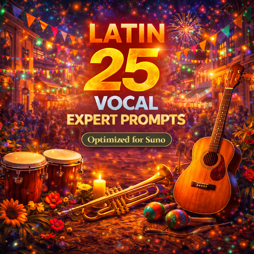 Latin vocal prompt cover with festive street celebration, trumpet, guitar, bongos, maracas, fireworks, and colorful banners.