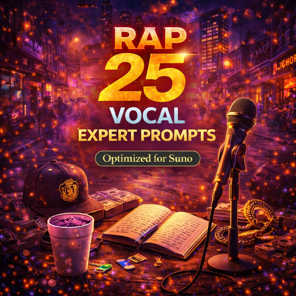 Rap vocal prompt cover with city street nightlife, microphone, cap, cash stacks, chain, cup, and urban purple-orange lighting.