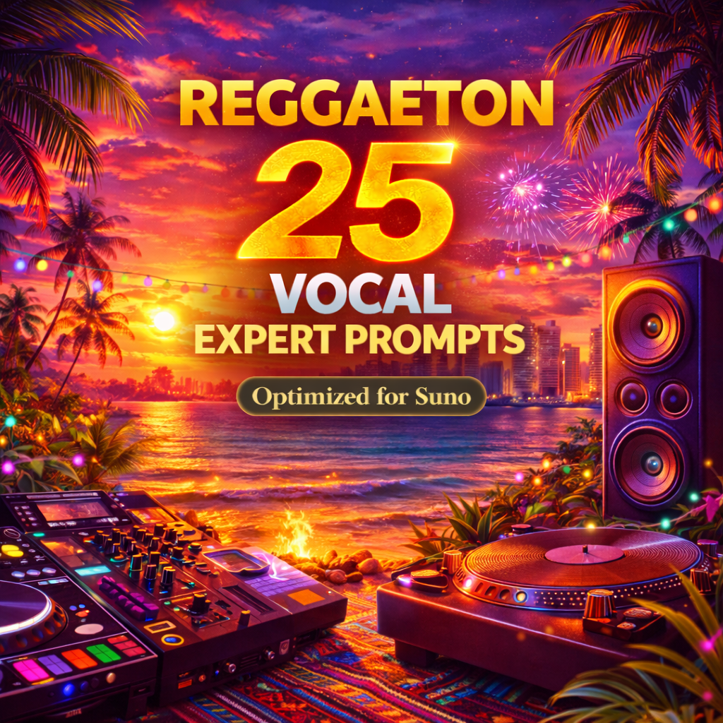 Reggaeton vocal prompt cover with tropical sunset beach, DJ controller, turntable, palm trees, fireworks, and club-ready Latin vibe.