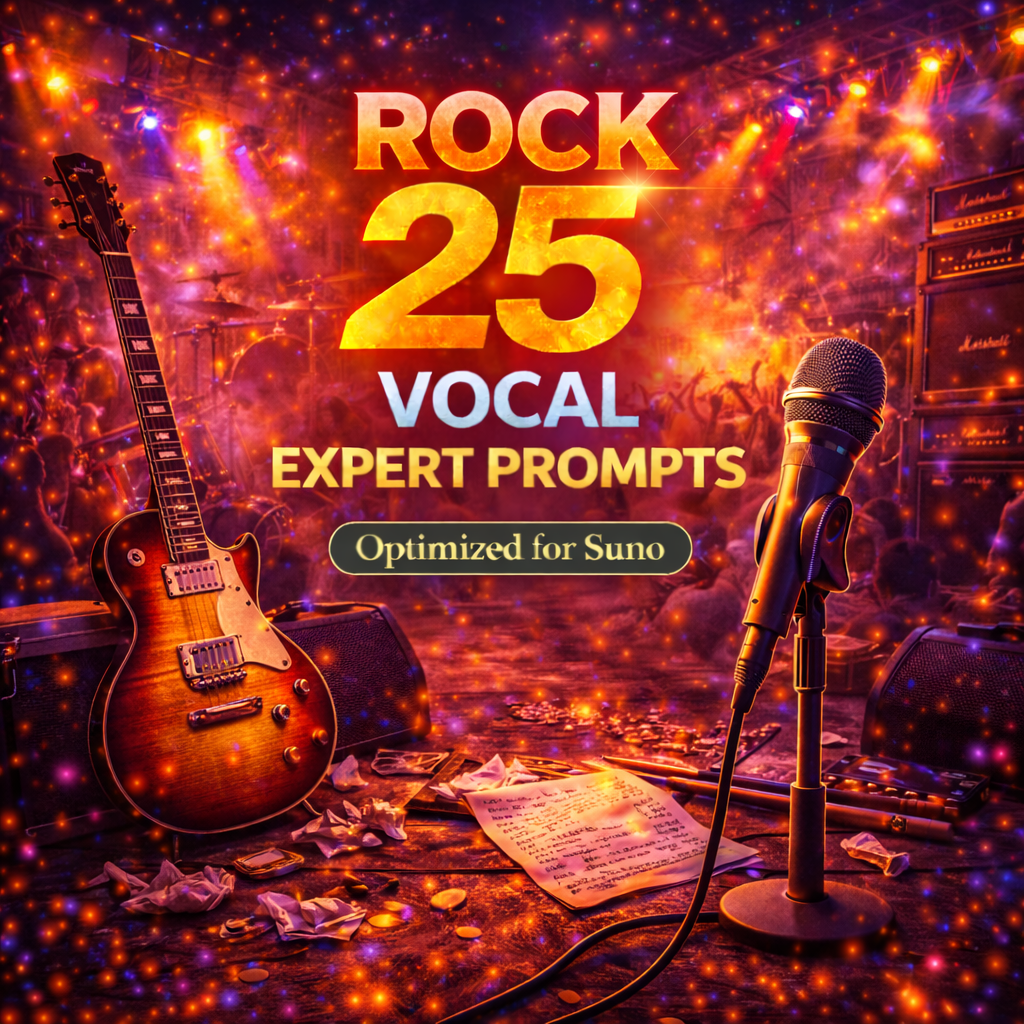 Rock vocal prompt cover with electric guitar, microphone, live crowd, drum kit, stage lights, and fiery concert atmosphere.